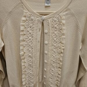 VERY RARE Cynthia SteffebWomen's Cream Button-Front Crochet Trim Sweater